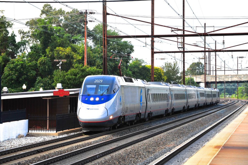 Running a little behind, car 2029 leads Acela 2165 through Odenton en route to Washington, DC